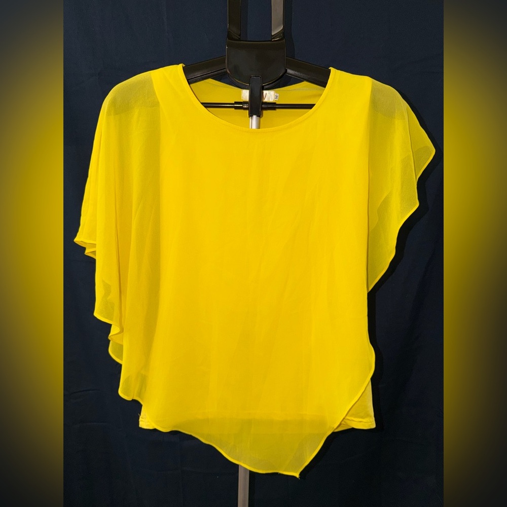 Dress V Bright Yellow Asymmetrical Chiffon Blouse Flutter Sleeve Sheer size med.
